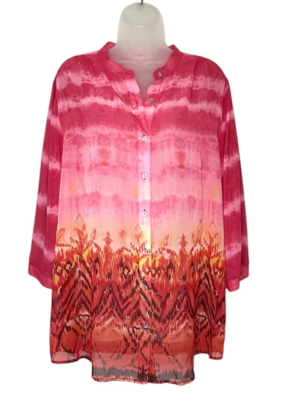CHICO'S Women 3 XL South Pacific Belinda Pink Orange Button 3/4 Sleeve Blouse.
